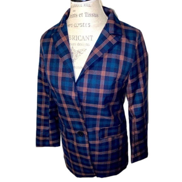 2/$30 Blue & Pink Plaid Cotton Blend Sport Jacket Long Blazer Ladies Small - Picture 1 of 4
